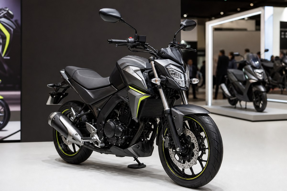 Imagen IA generica de moto naked en salon